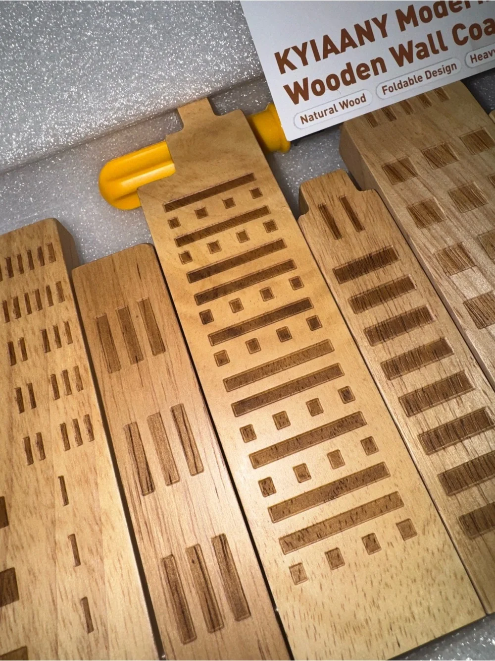 Wooden Cityscape Wall Hook Rack in Natural Wood
